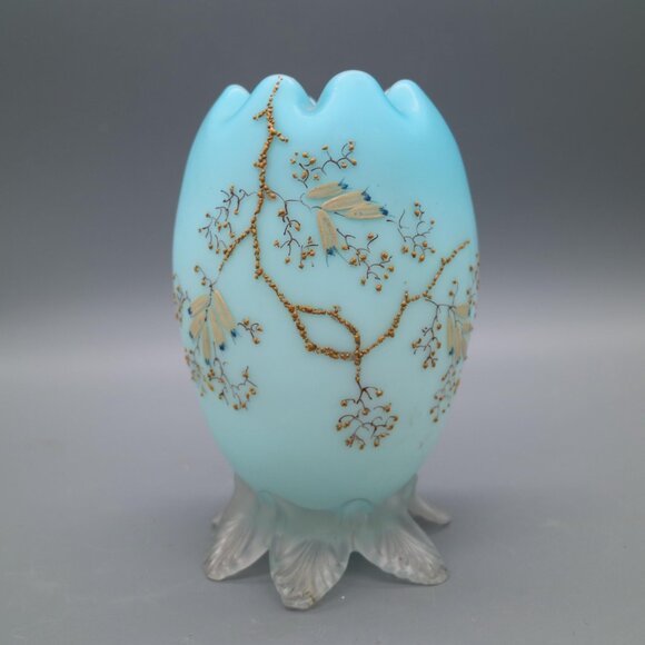 Antique Victorian Stevens & Williams Webb Blue Cased Painted Satin Glass Vase - Picture 6 of 9